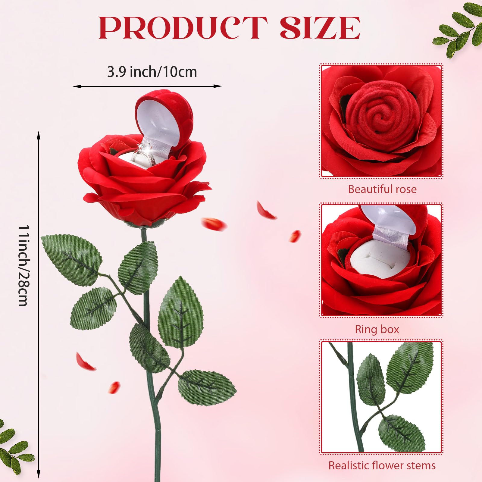 CroBlissful Noble Red Rose Ring Box Jewelry Box Case Engagement Ring Box with Stem for Proposal(Classic Style)