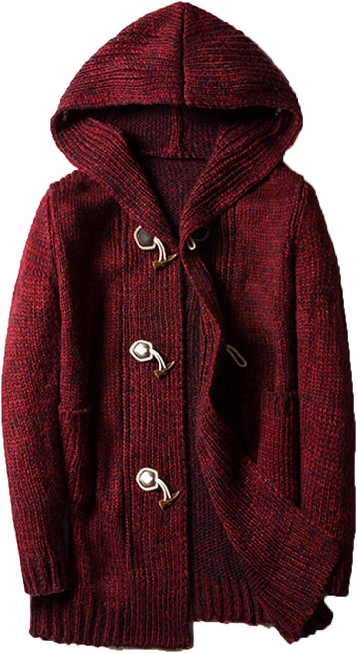 Omoone Men’s Casual Loose Horn Button Up Mid Long Hooded Cardigan Sweater