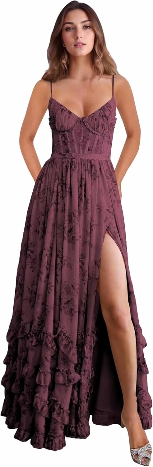 V-Neck Chiffon Floral Printed Bridesmaid Dresses with Slit for Women Long Spaghetti Straps Ruffle Wedding Guest Dress