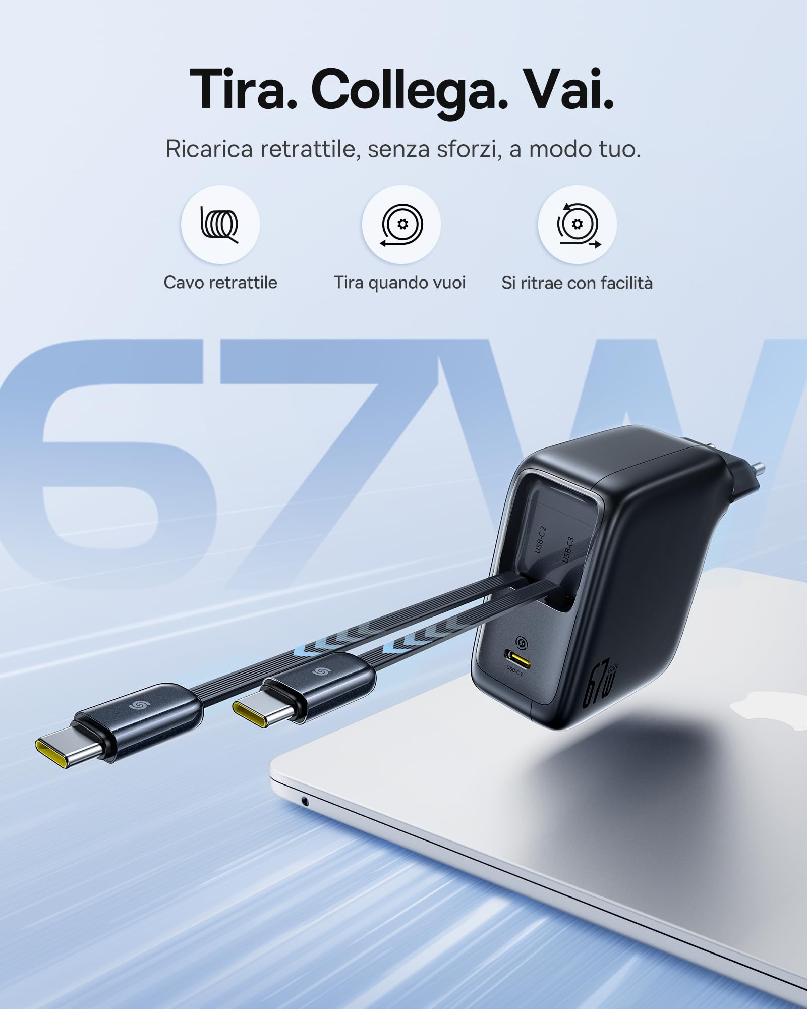 Baseus Enercore Caricatore USB C 67W Con 2X Cavi Arrotolabile, Alimentatore GaN Con Porta USB-C, Caricatore Rapido Compatto Compatibile Con MacBook Pro, HP, Dell, iPad Pro, iPhone 16 Pro, Galaxy S25