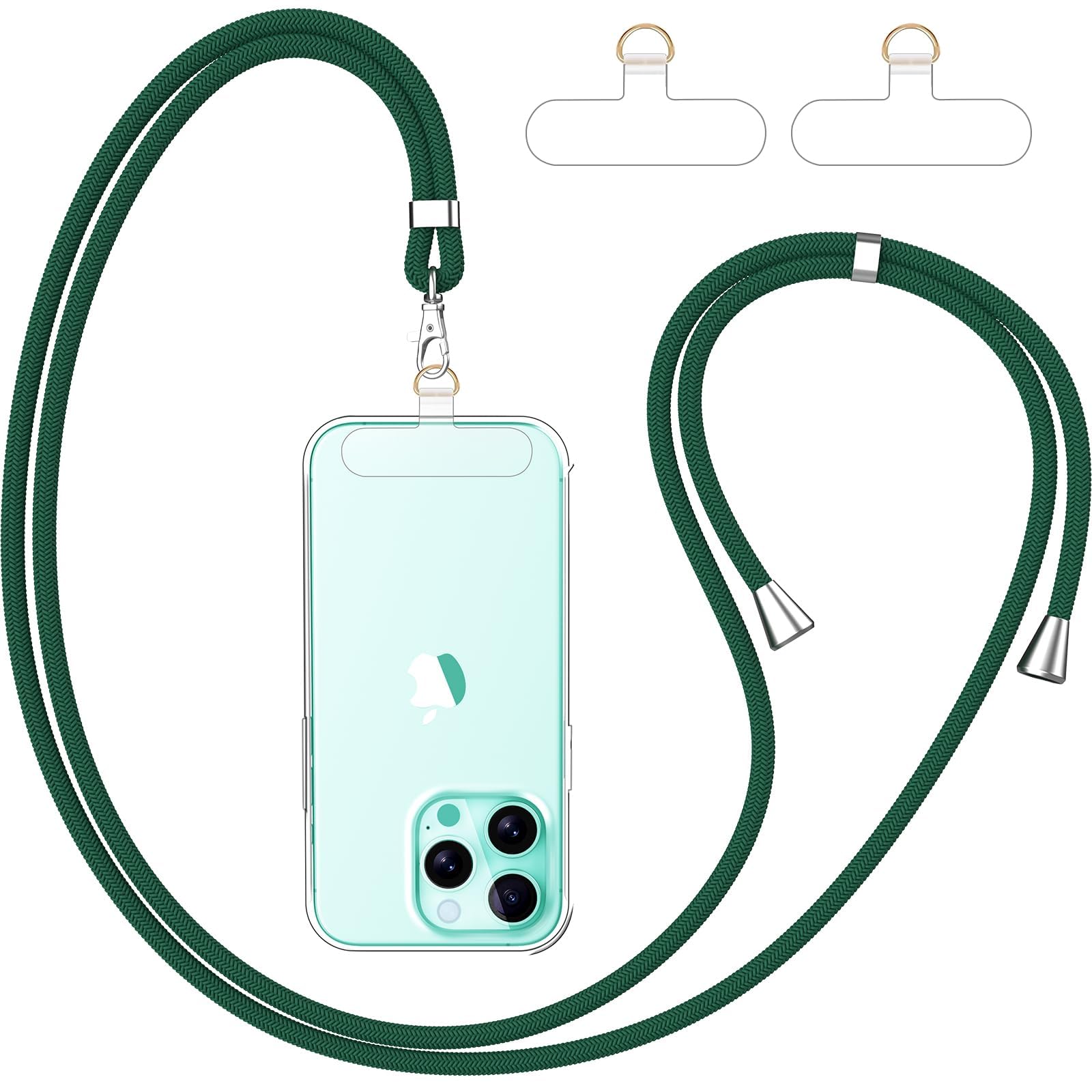 caslord Handyband Universal, Handy Lanyard mit 2 Stück Universelles Patch, Handyband mit Hülle kombinierbar, Einstellbar und Abnehmbar -Dunkelgrün+Transparent