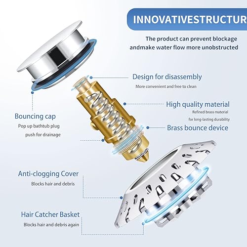 Miniatura 4 de Tapón universal para bañera con recogedor de pelo, tapón de drenaje de bañera desplegable 2 en 1 y cubierta | Cubierta de drenaje de bañera