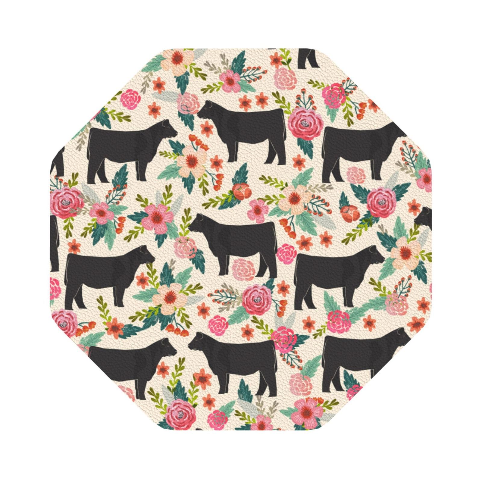 Pink Flower Show Steer Cows Cattle PU Leather Coasters Set of 6 Octagon Drink Coasters