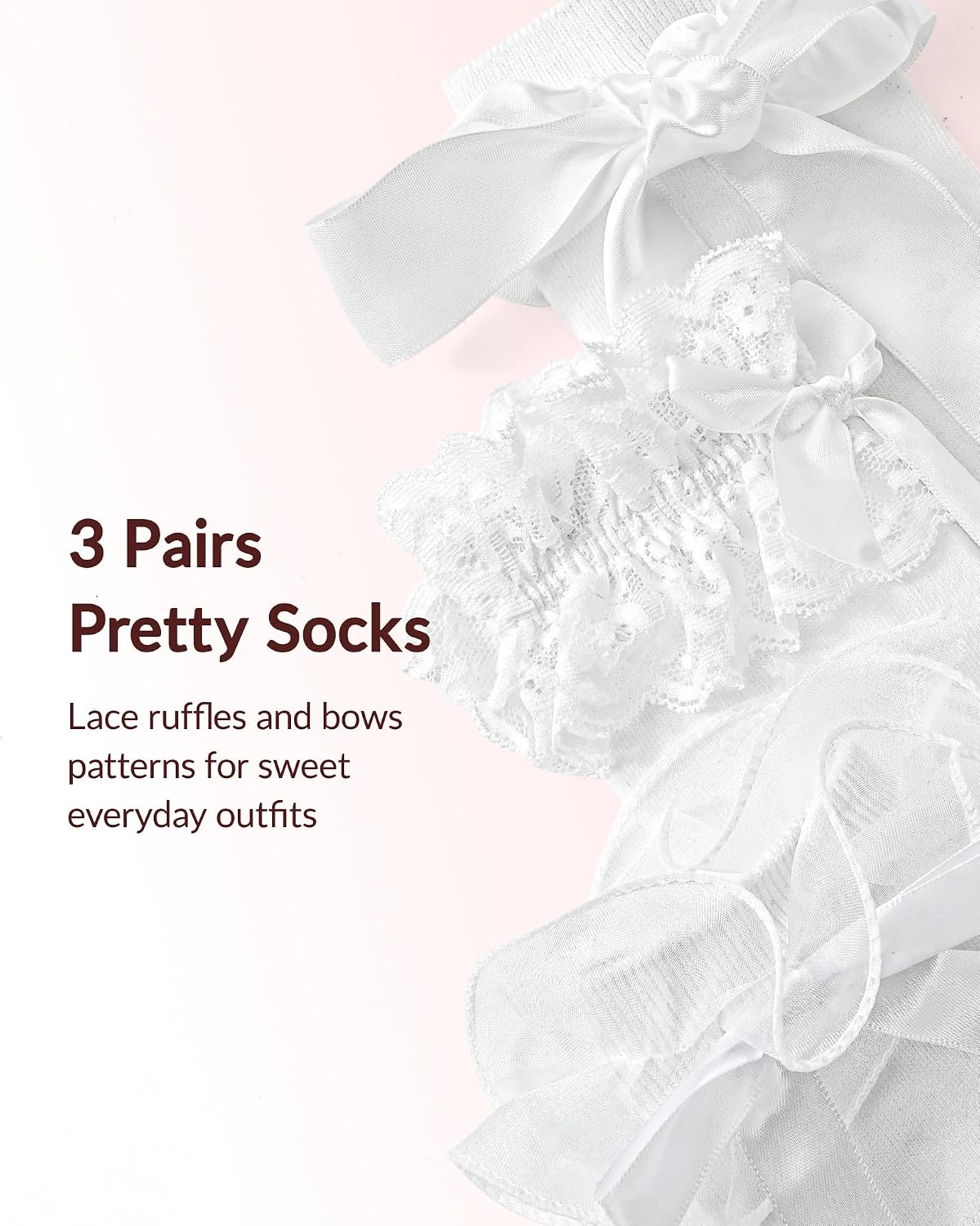 Jeasona Girls Knee High Socks White Lace Ruffle Bow Cotton School Uniform Long Socks for Kids 3 Pairs, Soft Breathable Calf High Socks for School, Dance, Cosplay, Daily Wear