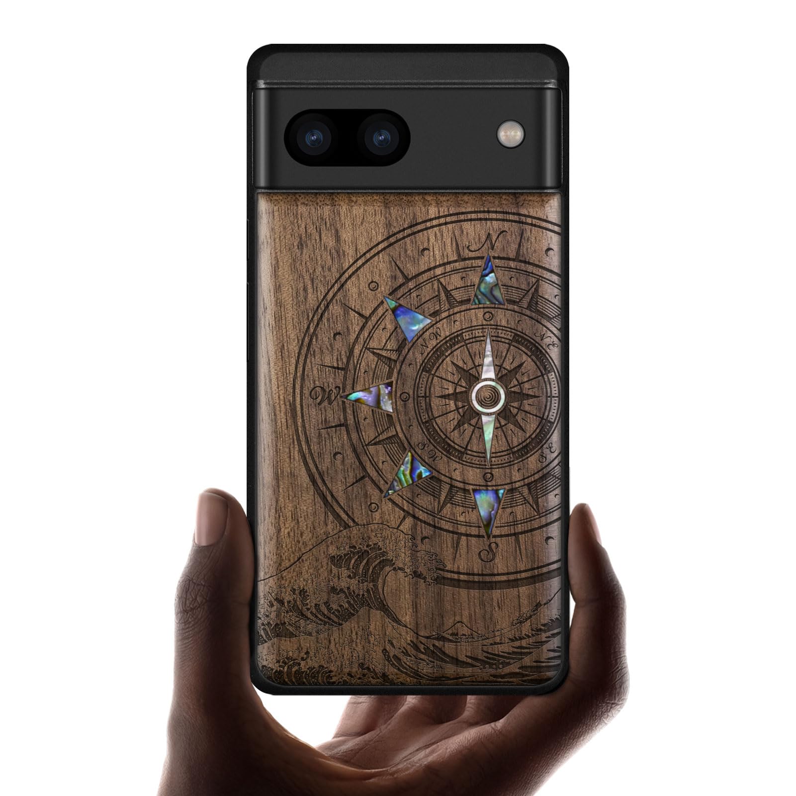Carveit Custodia In Legno Per Google Pixel 8a – Intarsio Conchiglie "Il Corvo Dell'Aura Rosa" – Fatta A Mano - 3