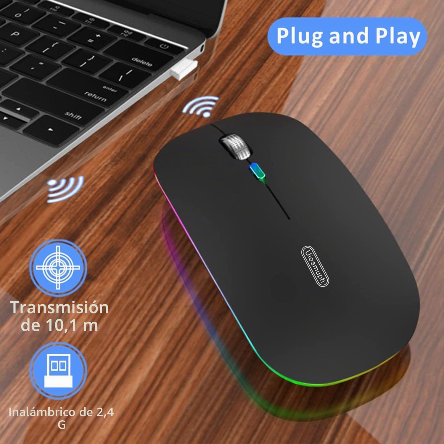 Uiosmuph G12 Ratón Inalámbrico, 2.4G Raton ​Inalambrico Recargable con Mini Receptor USB, Mouse Wireless 1600 dpi Ajustables Silencioso Óptico para Portátil, MacBook, PC, Laptop, Negro