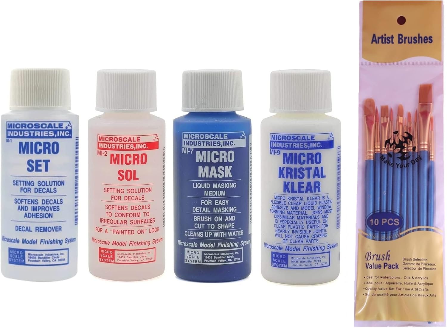 Microscale Industries Bundle with Micro Set, Micro Sol, Micro Mask, Micro Kristal Klear, 1 oz. Bottles (Pack of 4), and Make Your Day Paintbrush Set
