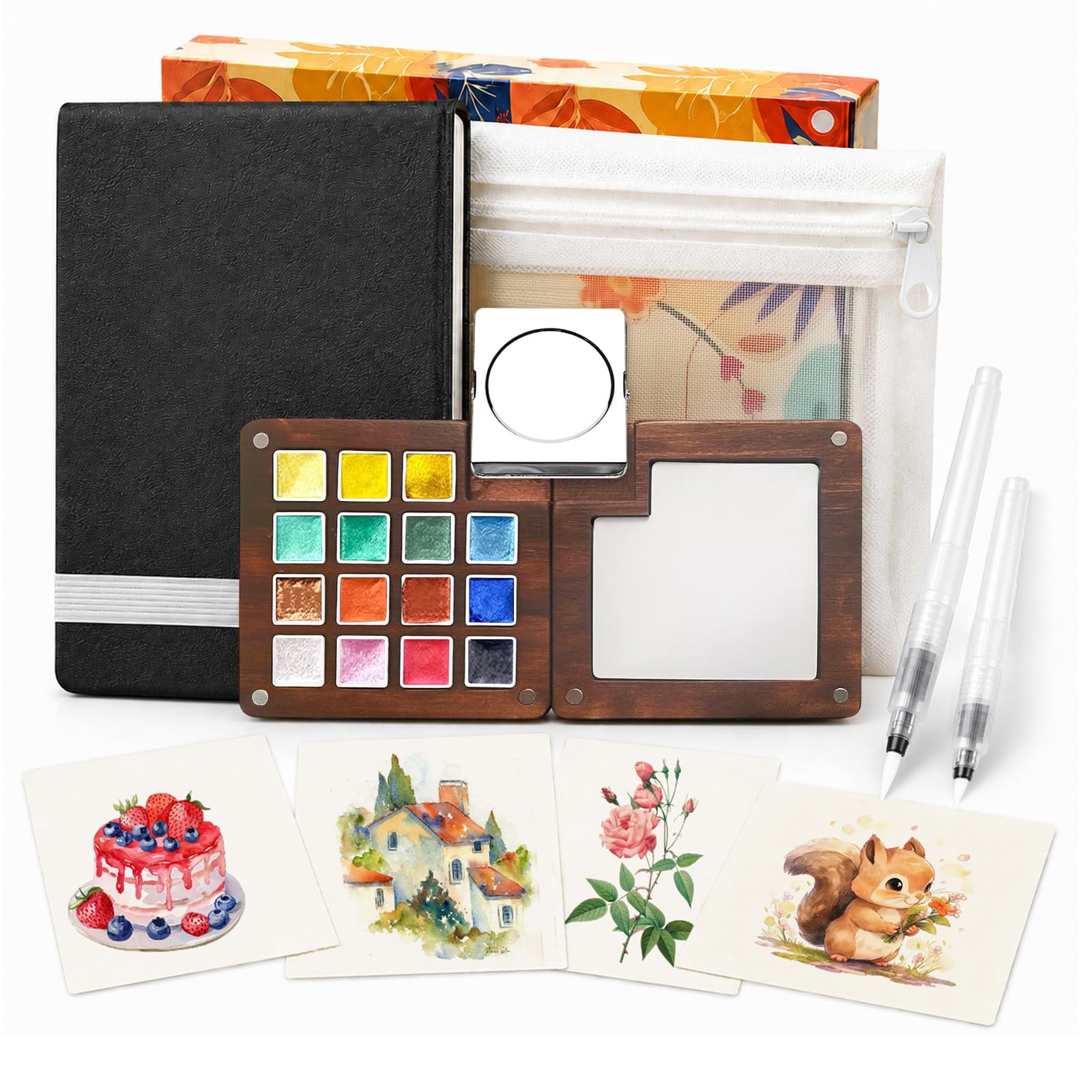 Mini Shimmer Watercolour Paint Set, 15 Colour Glitter Metallic Travel Watercolour Palette Kit with 300GSM Sketchbook, Brush Pens, Clip, Storage Bags, Pocket Art Painting Set for Beginners, Artists
