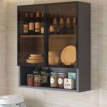 Wall mounted bathroom kitchen storage cabinet with glass door,Glass kitchen cabinet wall cabinet wall storage cabinet balcony closet bathroom toilet solid wood wall storage cabinetB,60*30*80cm/23.6*1