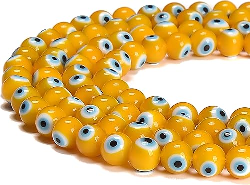 JM Design Granos redondos lisos de cristal de mal de ojo amarillo, tamaño 0.315 in, 15,5 '' hebra para la fabricación de joyas