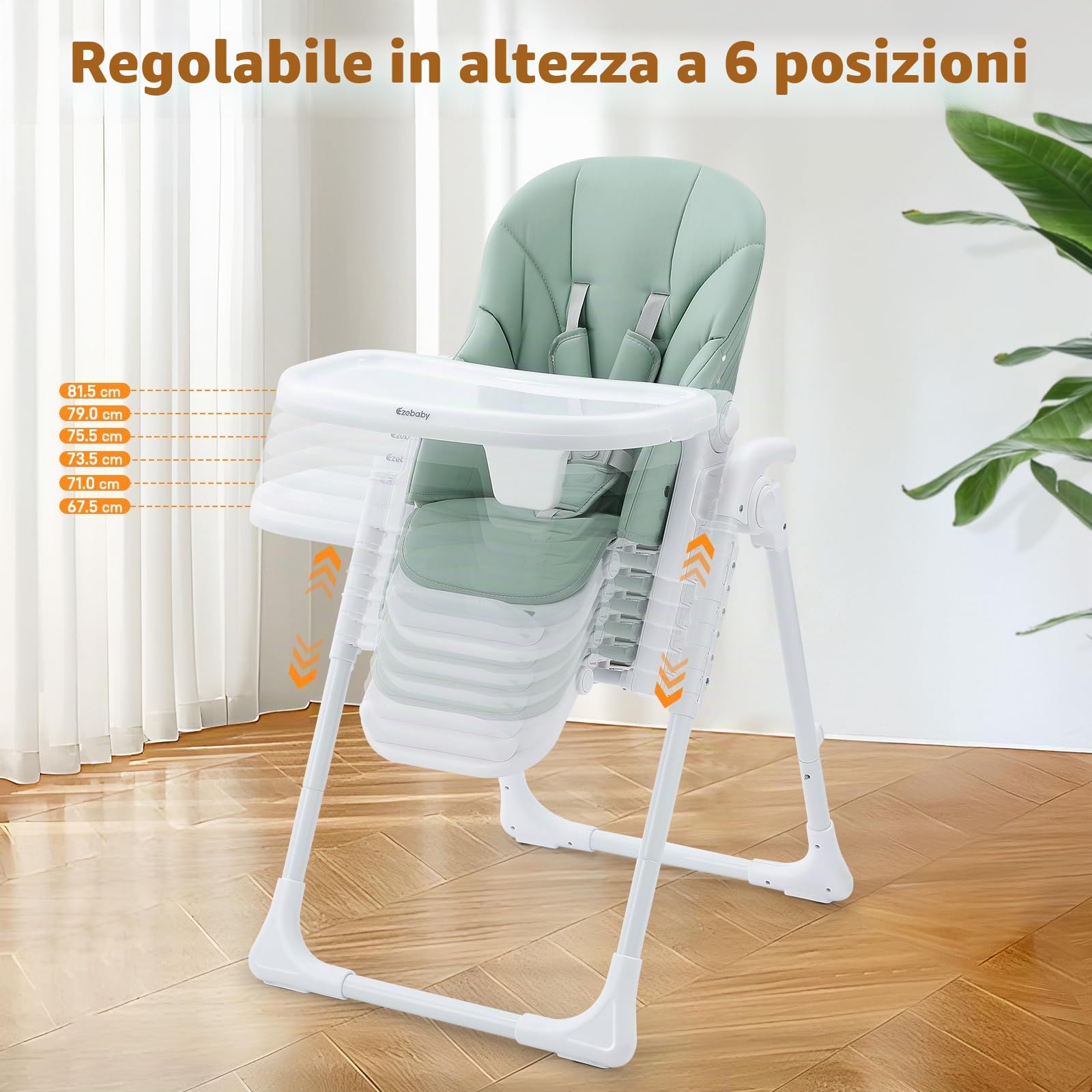 Ezebaby Seggiolone Bambini Ergonomico, Confortevole, Reclinabile, Pieghevole, con Altezza Regolabile e Poggiapiedi, Vassoio Staccabile con Ruote e Cintura di Sicurezza a 5 Punti Verde | 7 altezze, schienale reclinabile, doppio vassoio, cintura a 5 punti,
