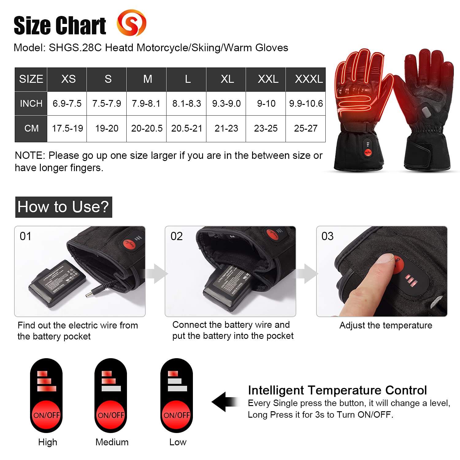 Guantes Calefactables Moto, SAVIOR HEAT Guantes Calefactables para Hombre Mujer, 7.4V Guantes con Calefacción Impermeables Batería Recargables Pantalla Táctil