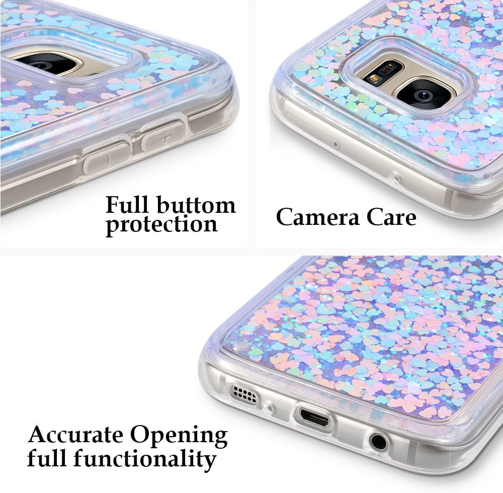 Galaxy S7 Edge Case, Wuloo Samsung Galaxy S7 Edge Soft TPU Case Fashion Creative Design Flowing Liquid Floating Luxury Bling Glitter Sparkle Love Heart Case Cover for Girls Children (PinkBlue)