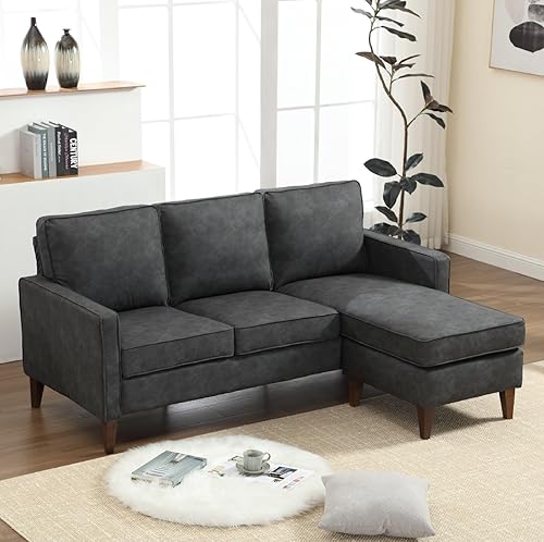 Miniatura 7 de Sofá de piel sintética en forma de L con pies de madera maciza, sofá de 3 plazas con diván reversible para apartamento, sofás seccionales para sala