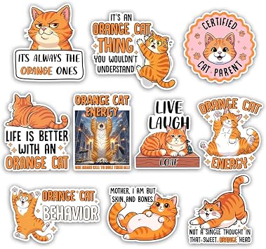 10Pcs-3in Funny Orange Cat Sticker Pack, Ginger Orange Tabby Kitten Gift for Cat Parent, Decoration for Foster Care Animal Home Laptop Tablet Water Bottle Planner Office Helmet Vehicles