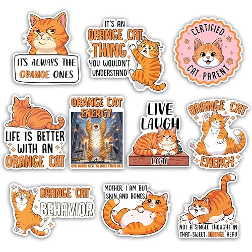 (10Pcs-3in) Funny Orange Cat Sticker Pack, Ginger Orange Tabby Kitten
