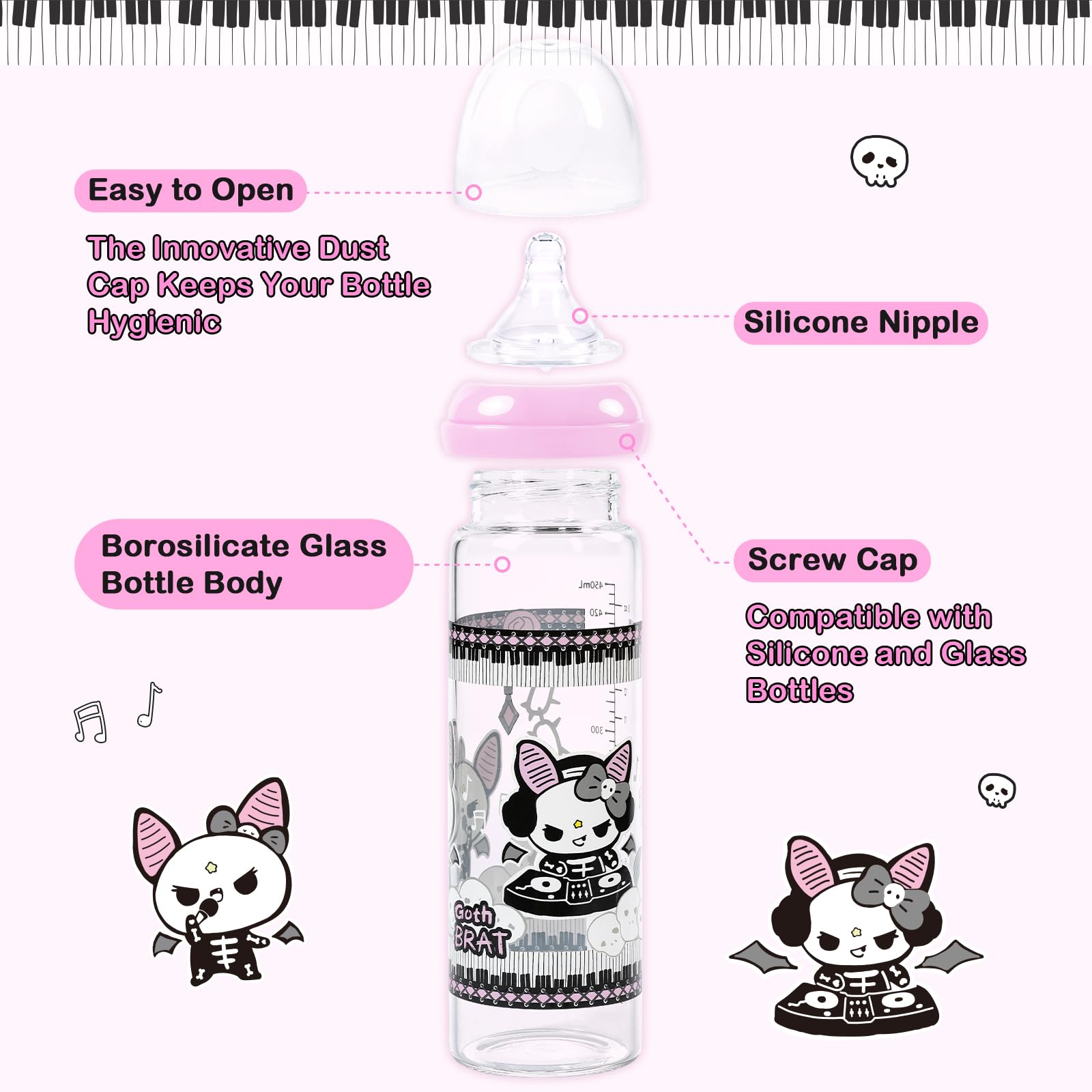 LittleForBig Adult Baby Bottle Ultra Printed Specialty Oversized Glass Feeding Bella Goth Brat Pattern, Black - Image 2