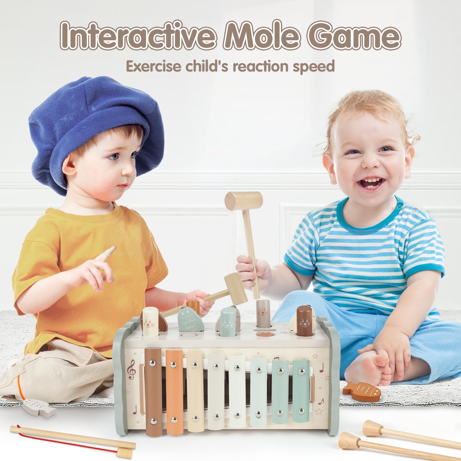 DINORUN Giochi Montessori 1-3 Anni, Acchiappa la Talpa, Strumenti Musicali e Xilofono in Legno per Bambini - Regali per Ragazzi e Ragazze