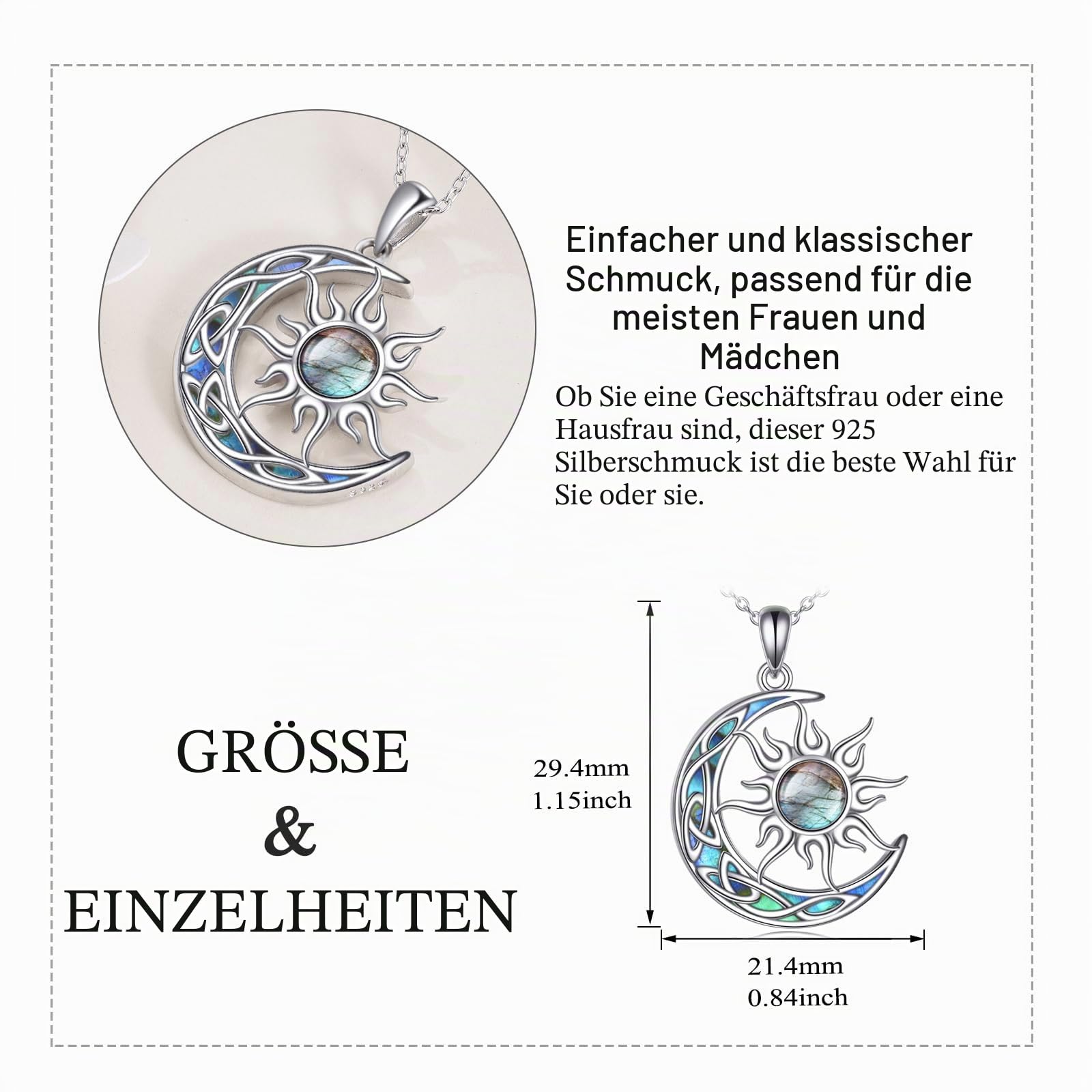 YAFEINI Sonne und Mond Kette Damen 925 Sterling Silber Opal Keltischer Mond Anhänger Halskette Mondstein Sonne Schmuck Geschenk