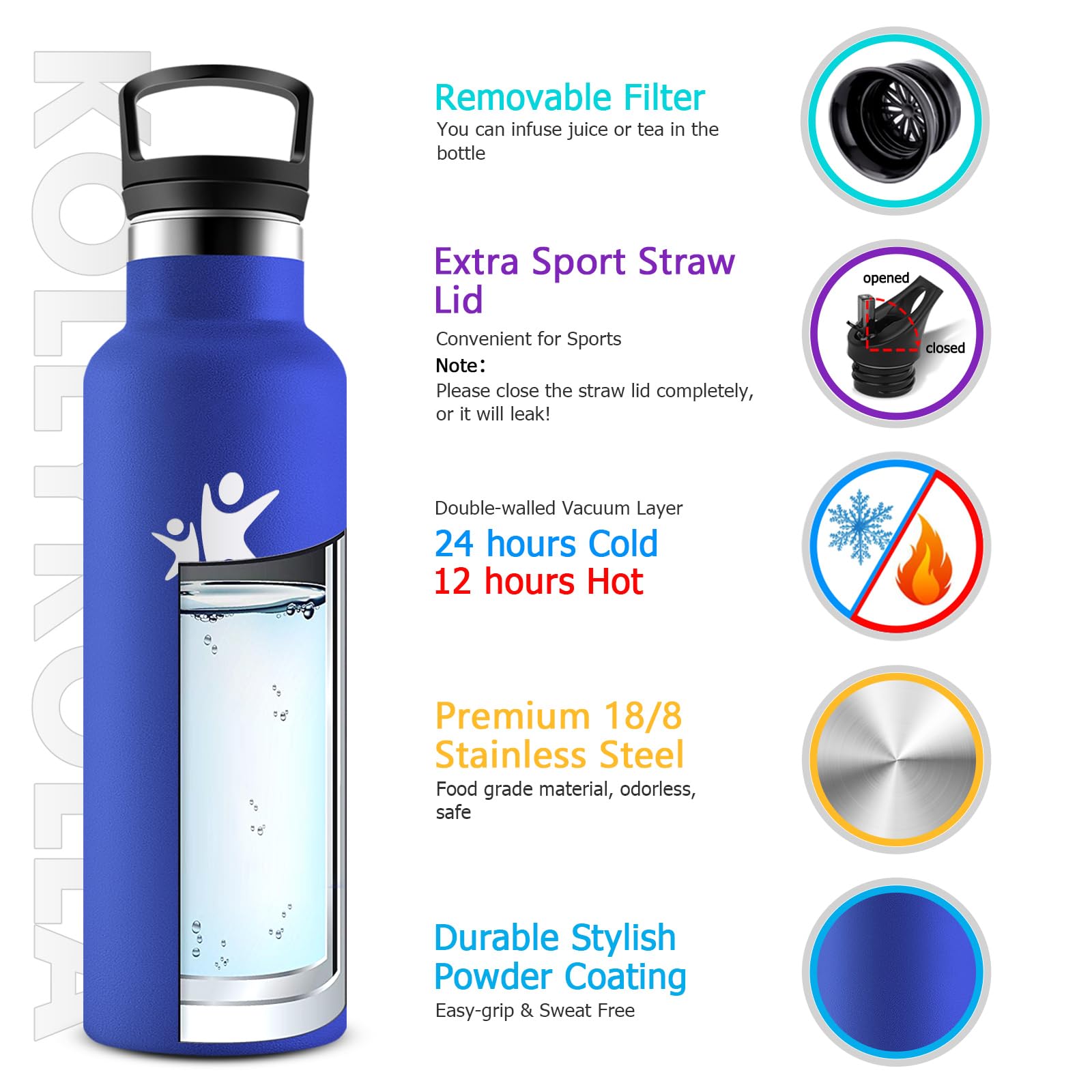 KollyKolla Bottiglia Termica Bambini 500ml, Borraccia con Cannuccia, a Prova di Perdite, senza BPA, Borraccia Termica a Doppia Parete, Facile Pulizia, per Bambini, Sport, Palestra, Viaggio, Gym