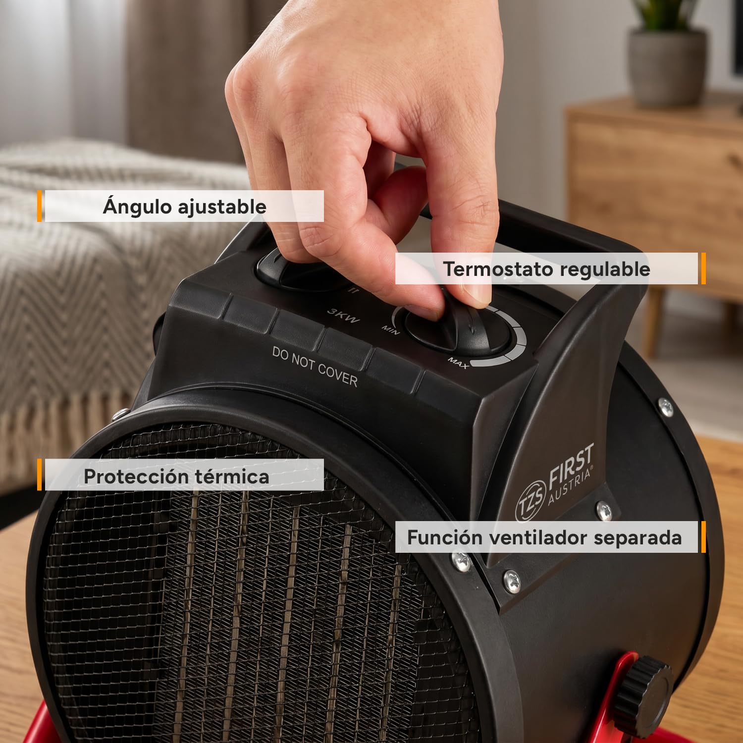 TZS First Austria - Calefactor cerámico 3000W - Termostato, 2 potencias, inclinable y asa - Ideal para taller y garaje - Negro