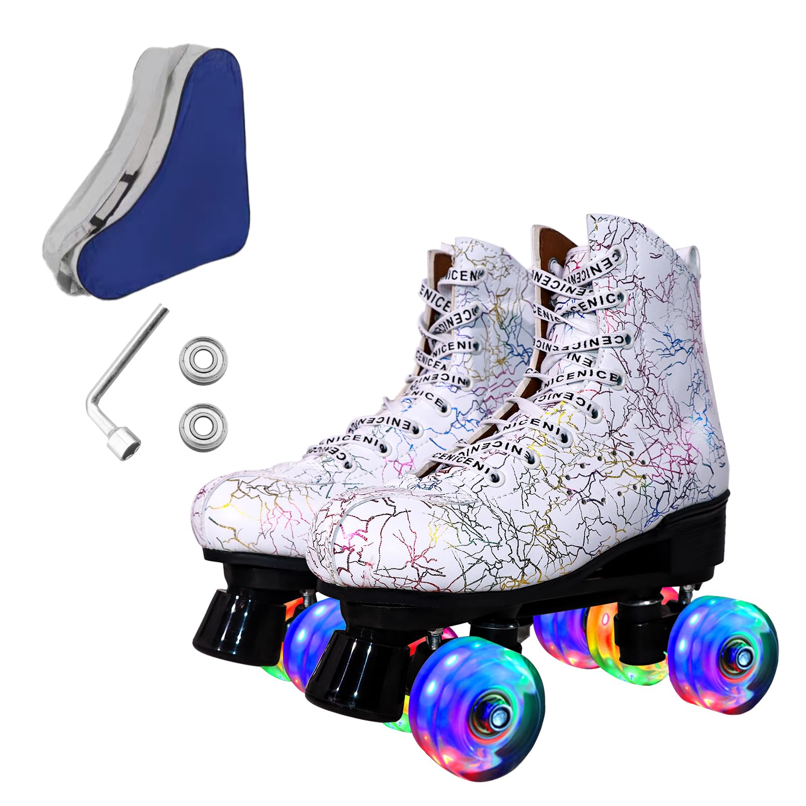 Ugboiu Roller Skates for Men and Women, Derby Roller Skates with 4 Shiny Polyurethane Wheels, Classic Double-Row Skates for Indoor and Outdoor, White Graphic Pattern — image 1
