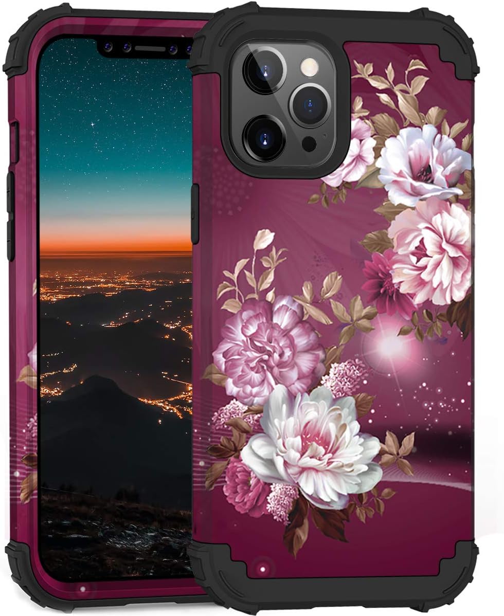 Hocase Compatible with iPhone 12 Pro Max Case, Heavy Duty Shockproof Hard Plastic+Soft Silicone Rubber Bumpers Hybrid Protective Case for iPhone 12 Pro Max (6.7-inch) 2020 - Royal Purple Flowers