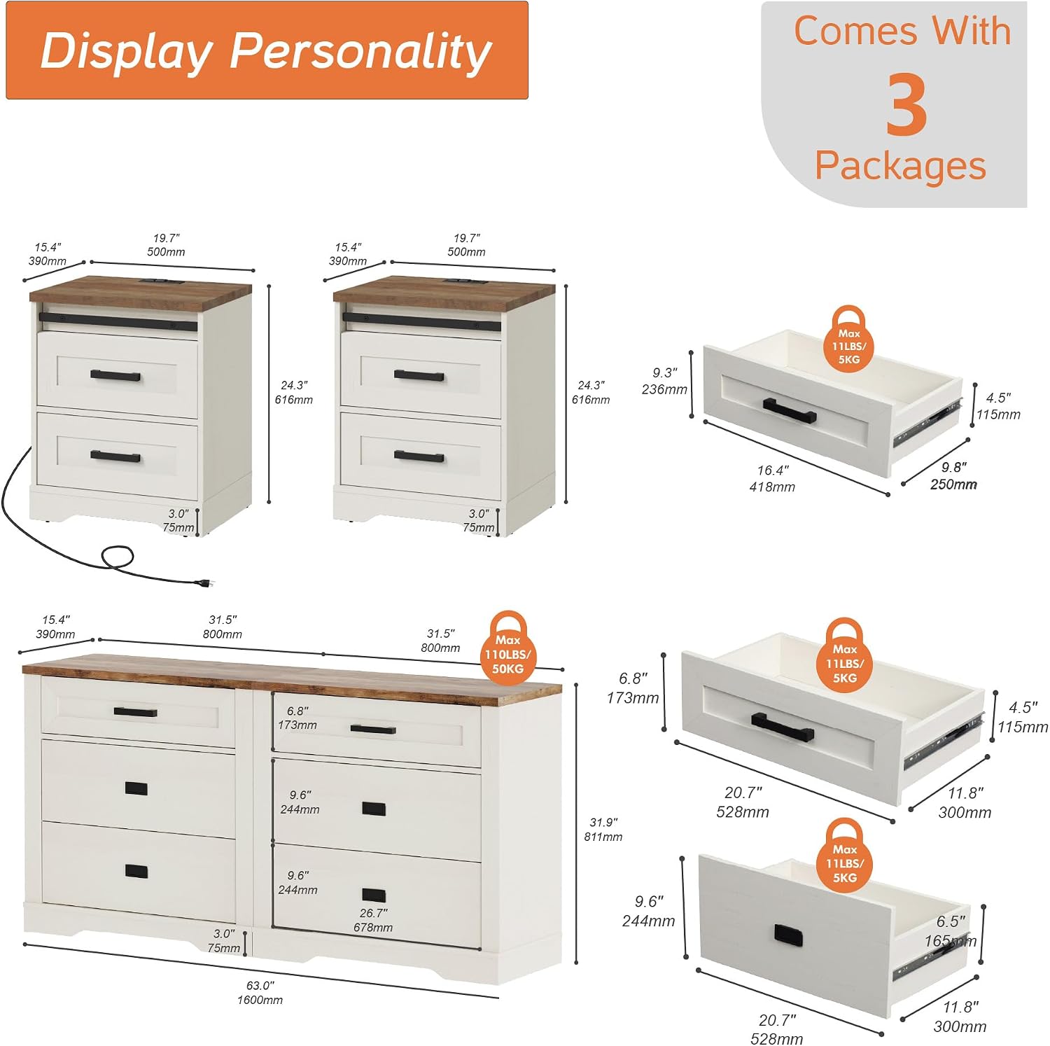 WAMPAT 4-Piece Farmhouse Bedroom Furniture Set, 63-Inch Dresser with 6 Drawers and 2 Storage Nightstands with 1 Charging Station, White