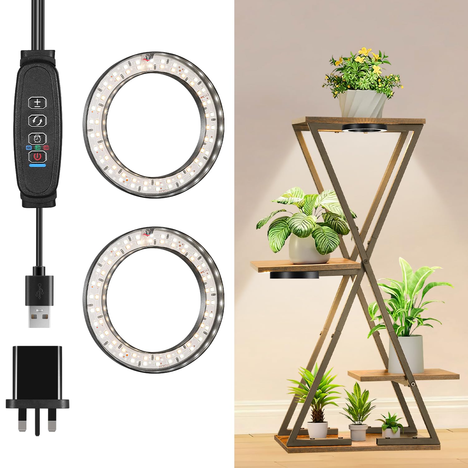 4.72in Black Indoor Plant Grow Lights, Full Spectrum Grow Lamp, 60 LEDs Warm White 2 Head Black Metal Angel Ring for Ceiling Cabinets & Shelf, 6/12/16H Timer, 3 Modes, 10 Levels