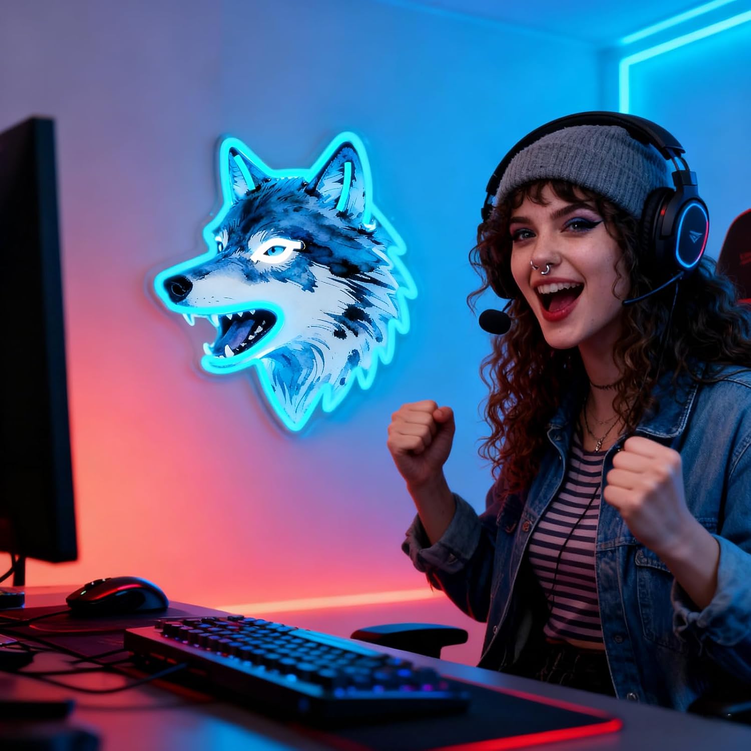 Wolf Neon Sign, UV Printed Dimmable Led Wolf Neon Light Animal Wall Decor Wolf Gifts for Boys Men Bedroom Living Room Man Cave Home Birthday Decoration
