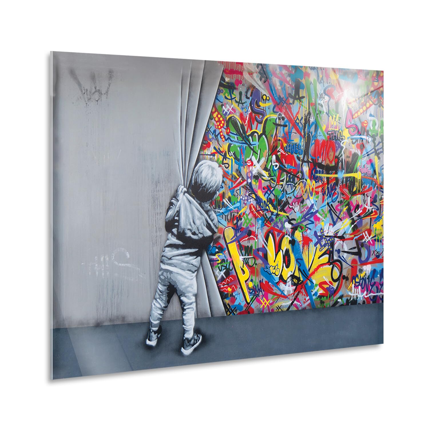 Giallobus - Impression sur toile - Banksy - L'enfant ouvre le rideau - Verre acrylique - 140x100 - Prêt à accrocher - Peintures pour la maison