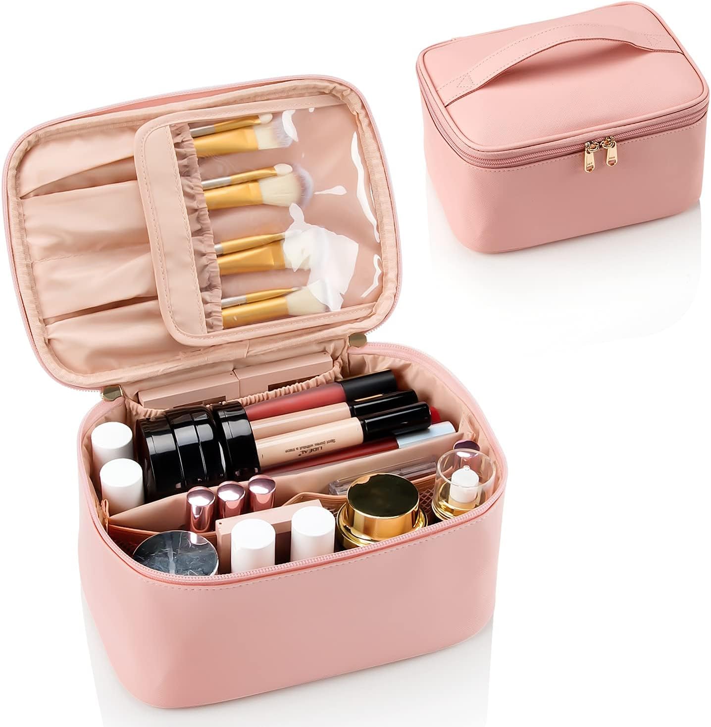 Travel Makeup Bag, Portable Cosmetic Bag with Makeup Brushes Organiser Large Capacity Toiletry Bags Holiday Essentials for Women, Pink Travel Makeup Bag, Portable Cosmetic Bag with Makeup Brushes Organiser Large Capacity Toiletry Bags Holiday Essentials for Women, Pink