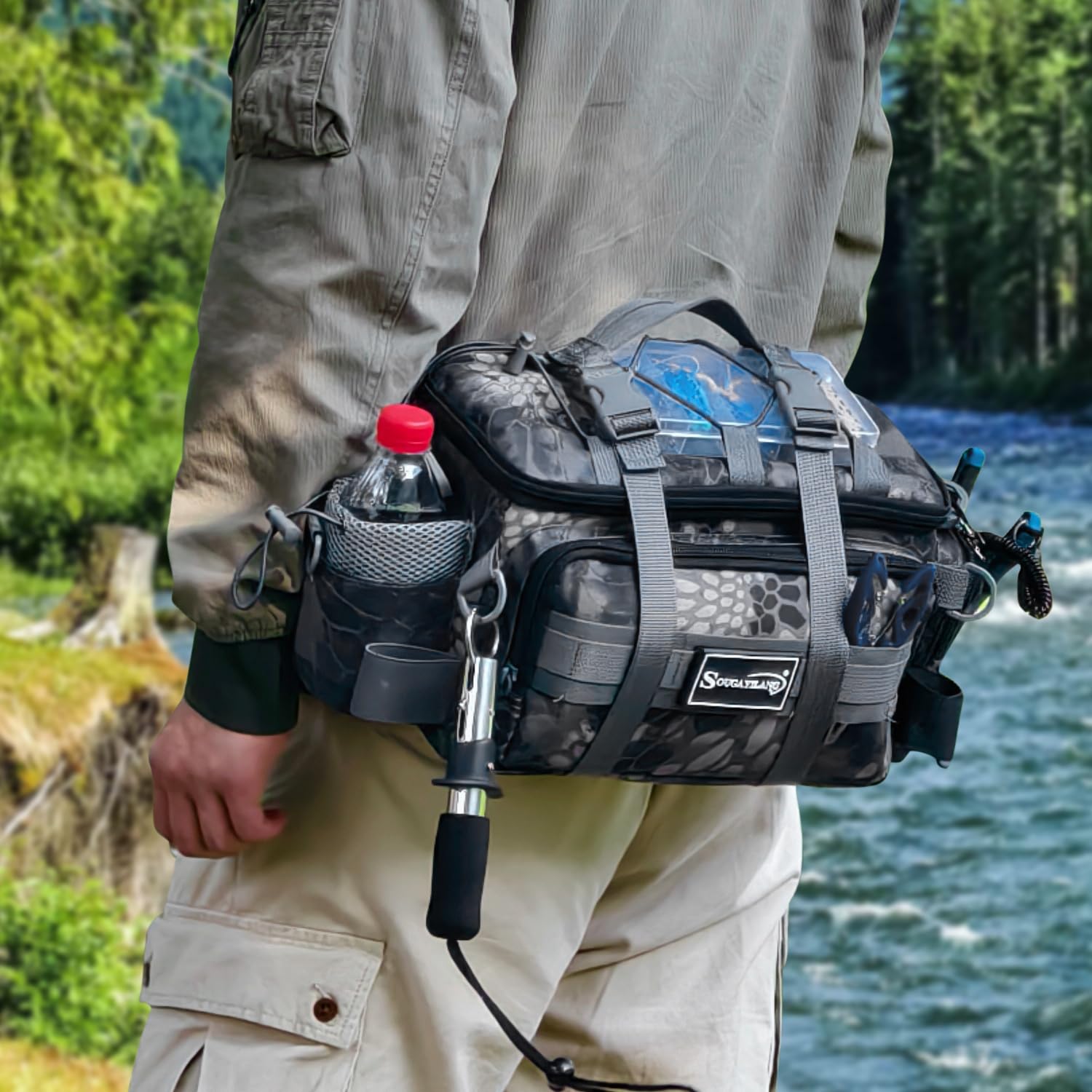 Sougayilang Angeltasche - Angelgerätetaschen für Salzwasser- oder Süßwasserangelgerät - Kann Köder, Fischfutter, Angelrollen usw. aufbewahren, Gepolsterter Schultergurt - Tackle-Box-Tasche (Grau)