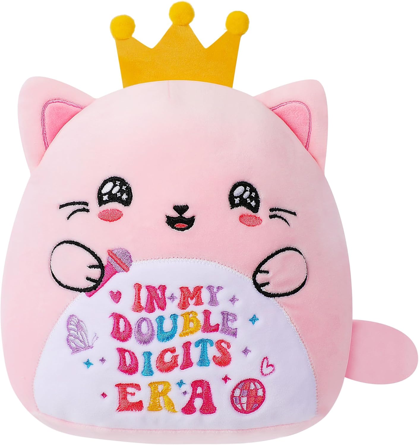 10th Birthday Gifts Cat Plush – Pink Cat Stuffed Animal with Crown for Girl Birthday Party Decoration 10 Years Old Girls in My Double Digits Era Themed 10 Inch