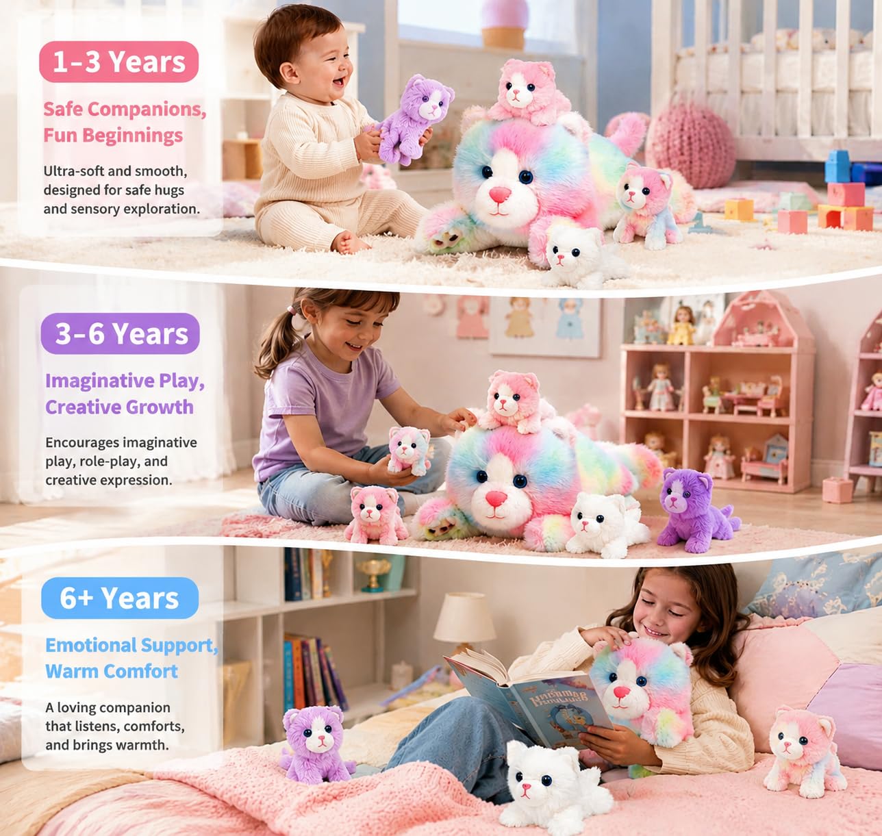 Easfan Peluche de gato arcoíris con 4 gatos bebés en el interior, peluche realista para bebés, niños, niños pequeños y niños, 16 pulgadas