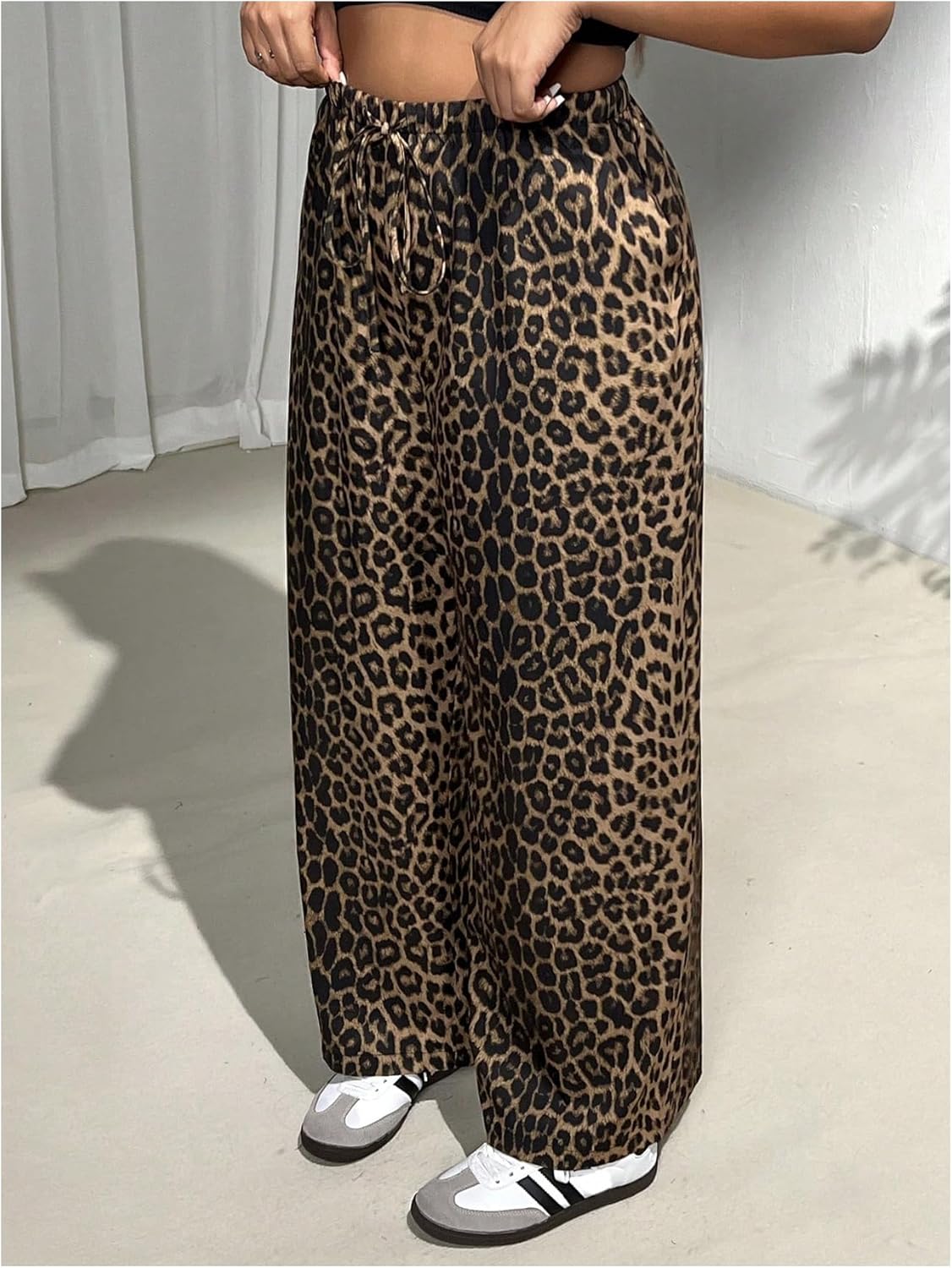 MakeMeChic Women's Plus Size Cheetah Print Wide Leg Summer Pants Casual Drawstring Waist Trousers - Image 3
