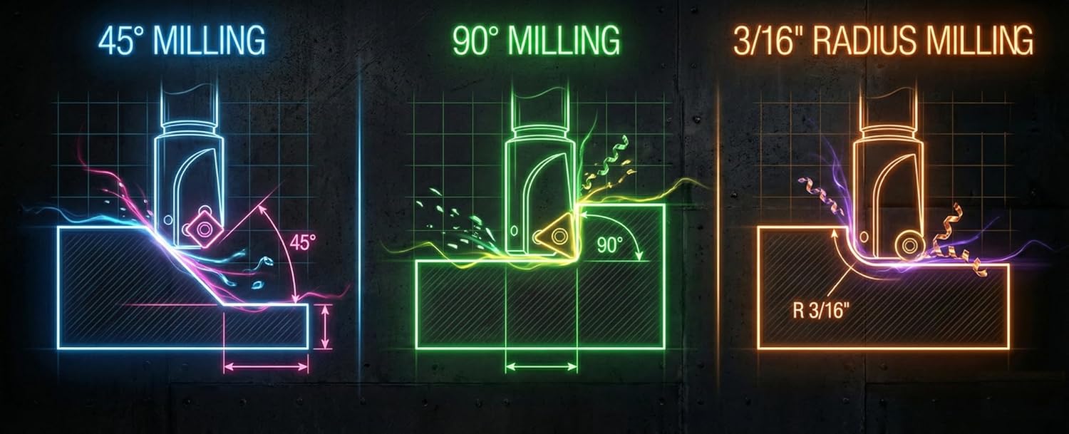 Accusize Industrial Tools 3 Pc Little Hogger End Mill Set, 45 Deg, 90 Deg and 3/16r Mill with 3/4'' Shank, 1'' Head, 0046-0700