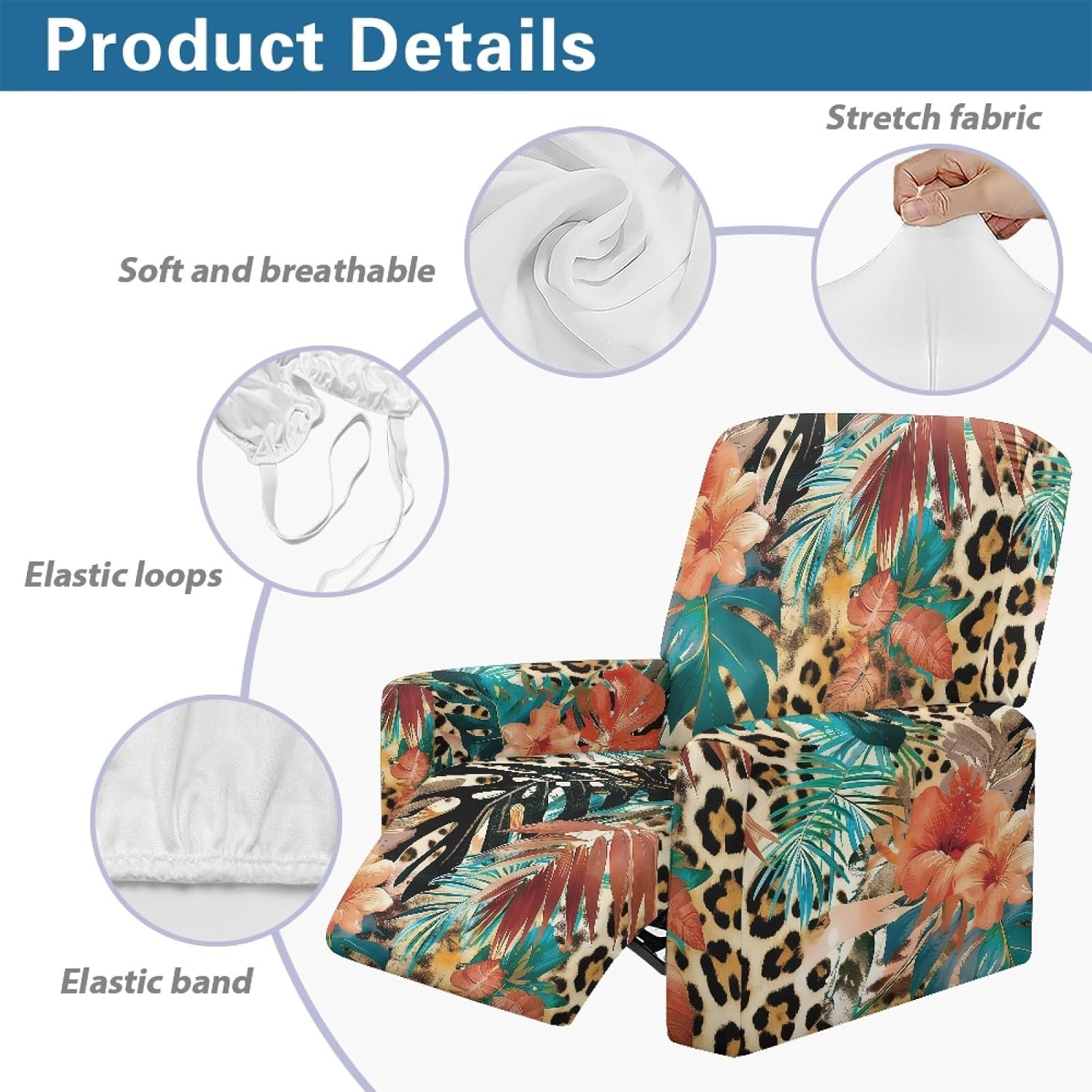 Leopard Print Reclining Chair Arm Covers Protectors 4 Piece Tropical Floral Cover for Lazy Boy Recliners with Pockets Elastic Recliner Chair Covers