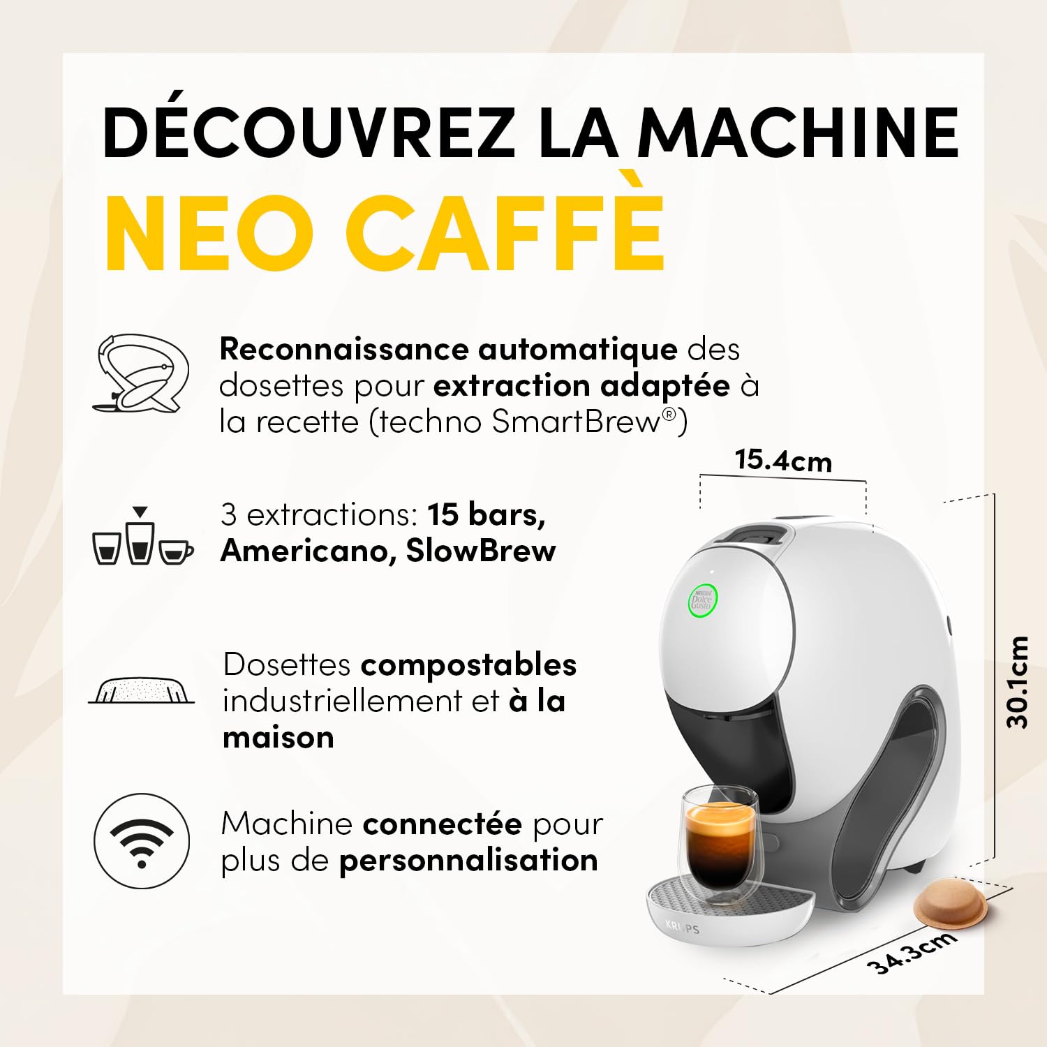 Nescafé Dolce Gusto NEO CAFFE - Machine À Café KRUPS pour Dosettes Compostables - Technologie Brevetée SmartBrew 3-En-1 - Cafetière Connectée - Cafés noirs, KP830110, Blanc