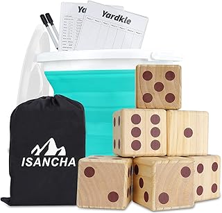 Yard Dice Game Set with Green or Gray Collapsible Bucket-ISANCHA Sports Indoor/Outdoor Game for Kids and Adults (Green)