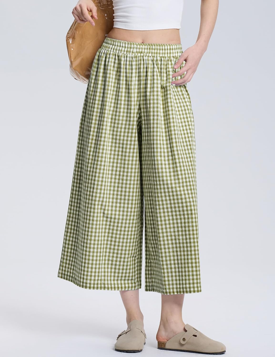 LOMON Womens Wide Leg Capri Pants Cotton Gingham Plaid Culottes Summer Elastic Waist Palazzo Trousers Bottoms with Pockets - Image 3