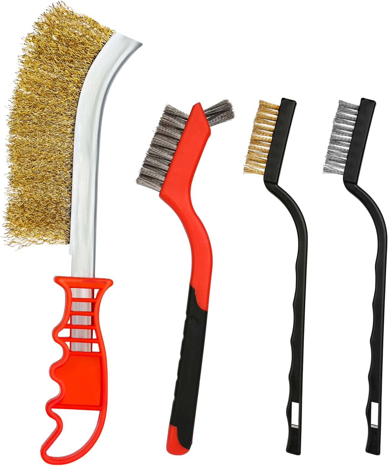 Wire Brush Set, 4 Pack Brass Stainless Steel Metal Rust Remover Brushes, Metal Brush with Curved Handle Grip for Cleaning Rust, BBQ Grill Cleaning Brush, Kitchen Cleaning