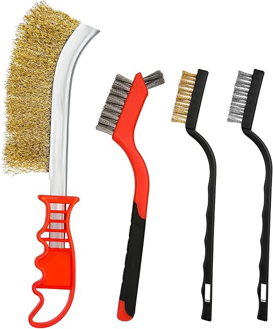 Wire Brush Set, 4 Pack Brass Stainless Steel Metal Rust Remover Brushes, Metal Brush with Curved Handle Grip for Cleaning Rust, BBQ Grill Cleaning Brush, Kitchen Cleaning
