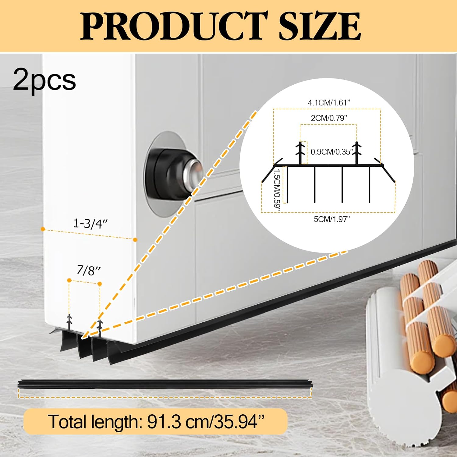 2 Pcs 36 Inch 90CM Exterior Door Sweep with Vinyl Fins, Under Door Weather Stripping Seal for Exterior Doors with Kerf Track, Replacement Bottom Door Seal Strip, Draft Stopper & Rodent Proof