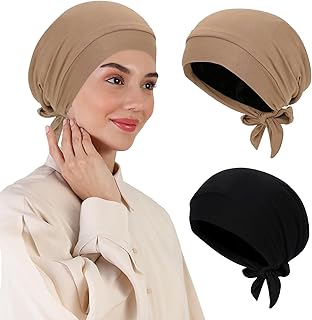 2 PCS Hijab Undercap for Women, Islamic Muslim Under Hijab Cap Satin Lined Undercap Tie Back Bonnet Inner Head Scarf Head Wraps Hair Turbans for Women Chemo Headwear Sleep Cap, Black+Khaki