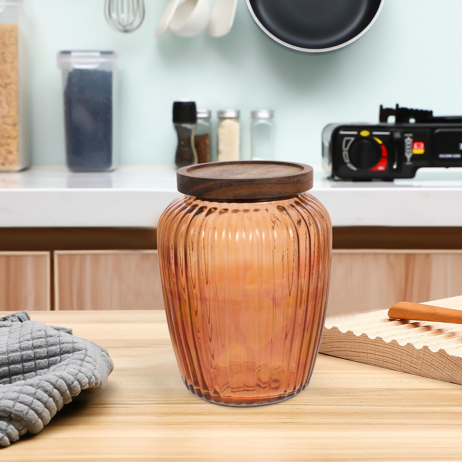 Zerodeko Barattolo in Vetro Trasparente da 2200ml con Coperchio in Legno Massello, Contenitore Ermetico per Alimenti, Serbatoio di Stoccaggio per Cereali, Spezie e Tè, Conservazione