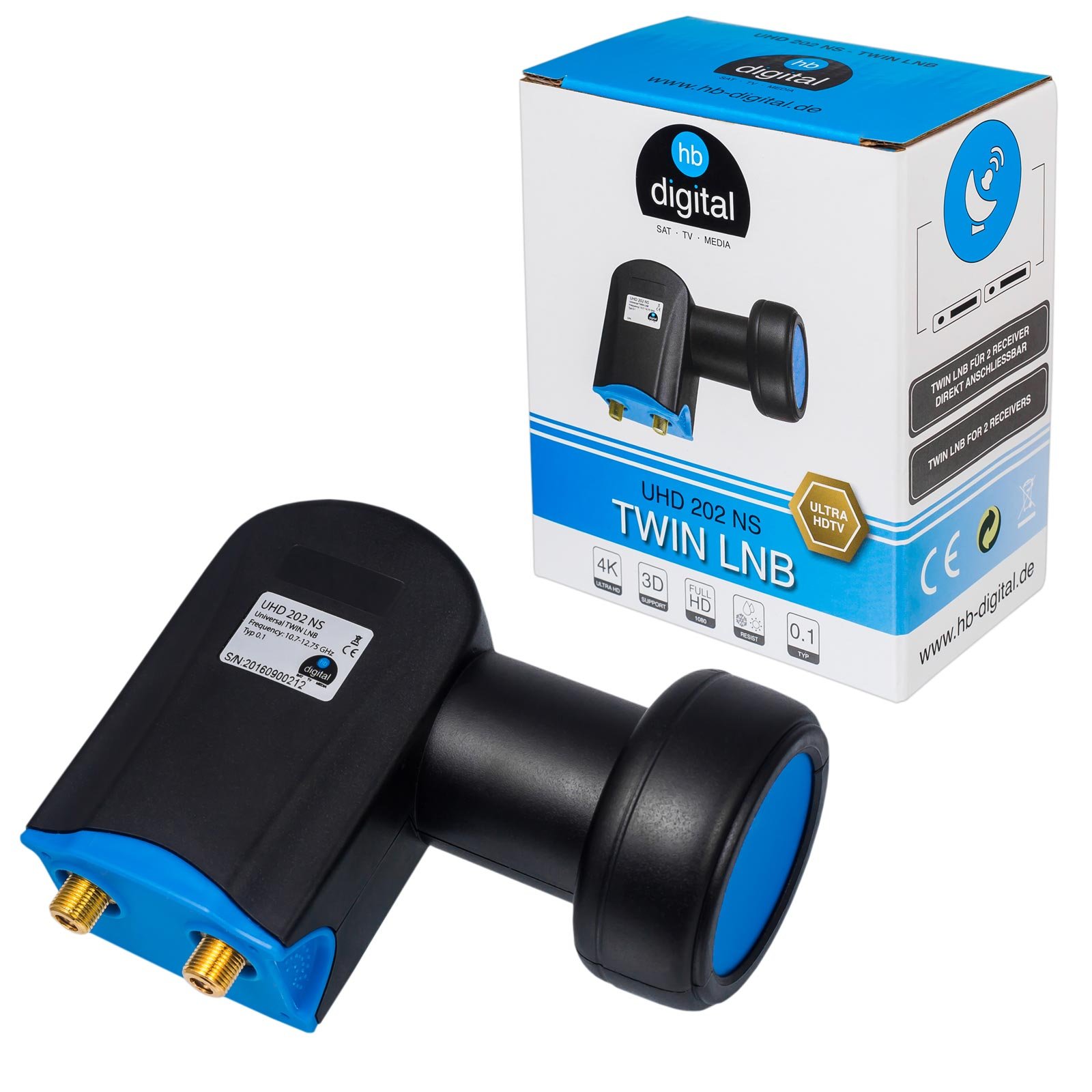 HB-DIGITALUltra HD Twin LNB Black - UHD 4K Full HD DVB-S/S2 - Noise factor of 0.1 dB - for two satellite receivers (direct connection) - Gold-plated contacts - Weather protection