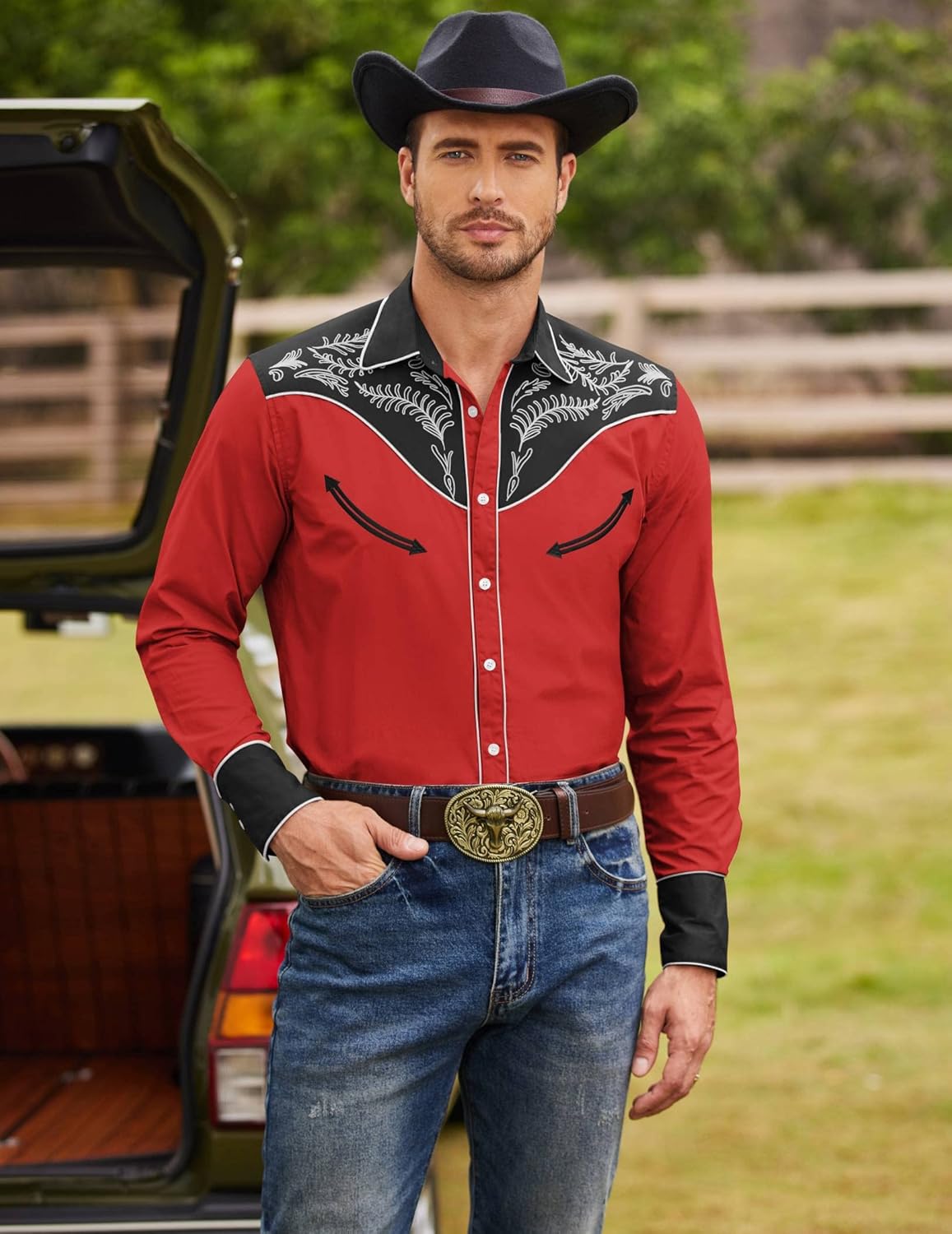 COOFANDY Men's Western Cowboy Shirt Embroidered Button Down Long Sleeve Shirts - Image 3