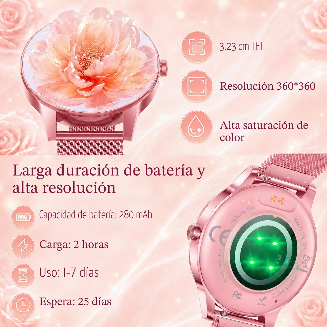 Reloj Inteligente Mujer Smartwatch con Llamada：1.27" TFT Smart Watch 280mAh Bluetooth IP68 Impermeable con Frecuencia Cardíaca SpO2 Sangre Presión Arterial Monitor Sueño 110+Deportivo para Android iOS
