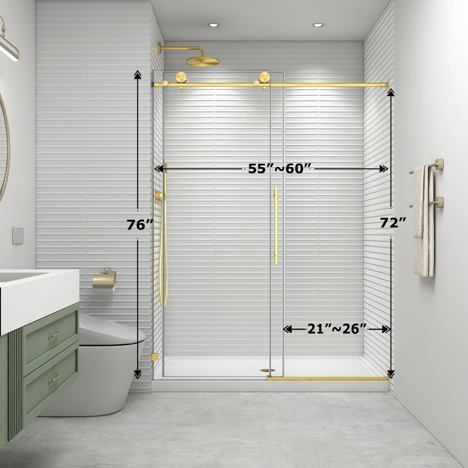 Diagram showing shower door dimensions: 55-60 inches width, 76 inches height